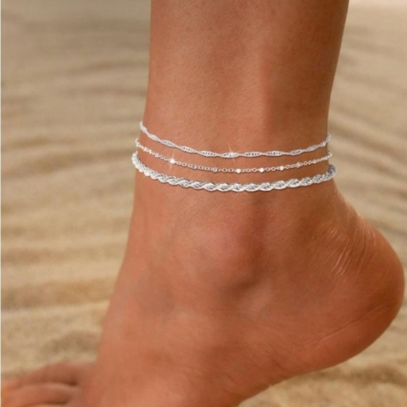 Anklet Bracelet for Women 3 Pcs Multilayered Silver Anklet Set Women’s Ankelt - Picture 3 of 6